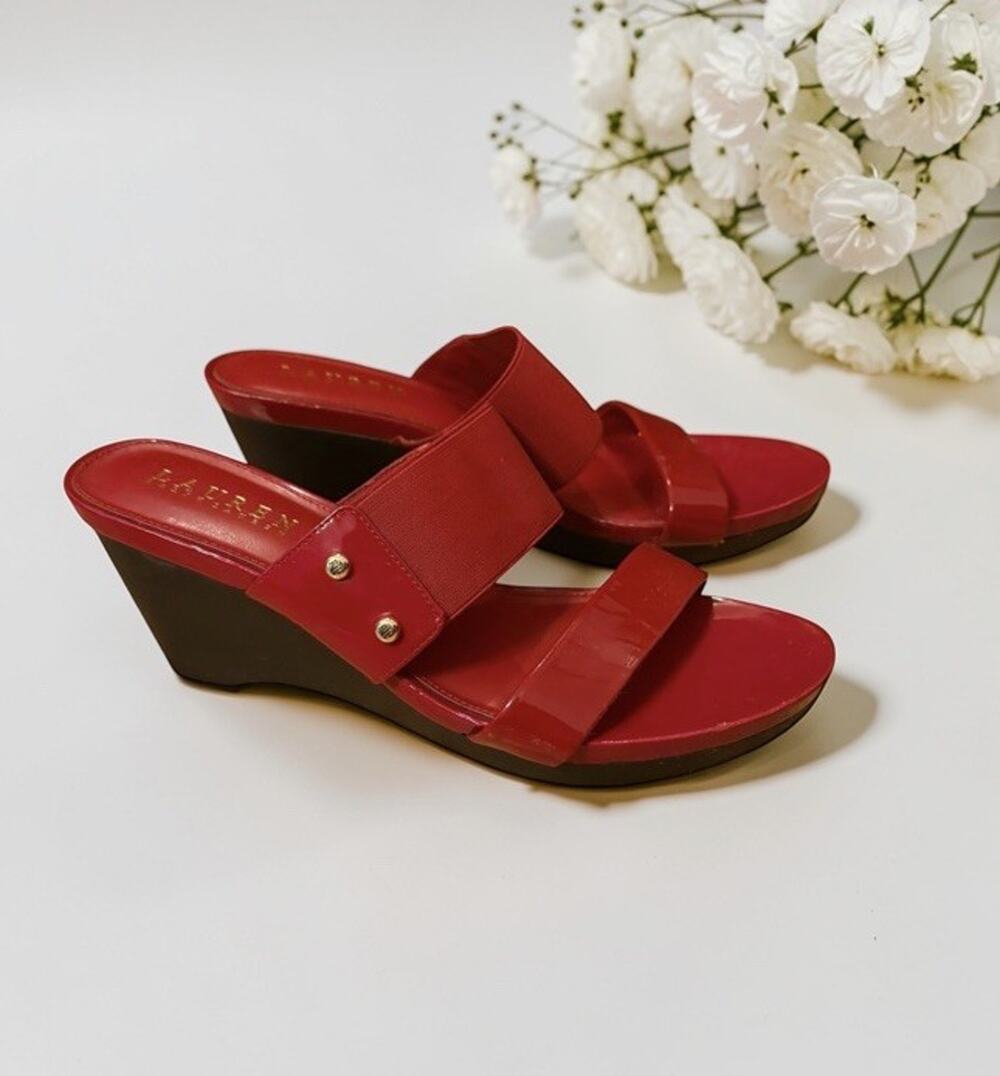LAUREN RALPH LAUREN Rhianna Sandals Wedge Heels Strap Women’s Size 7 Red 3410-15